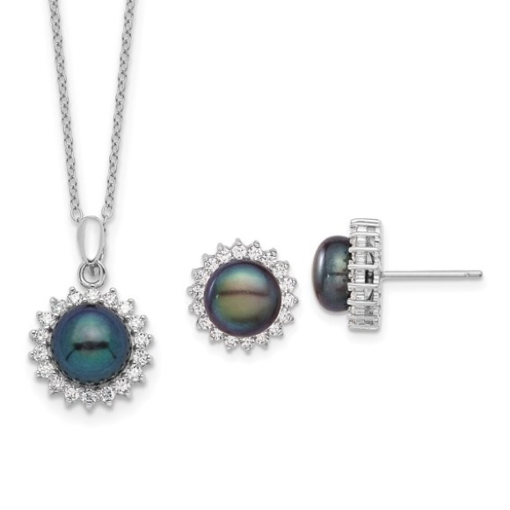 925 Sterling Silver Necklace Pendant & Earring Set 8-9mm FWC Black Button Pearl